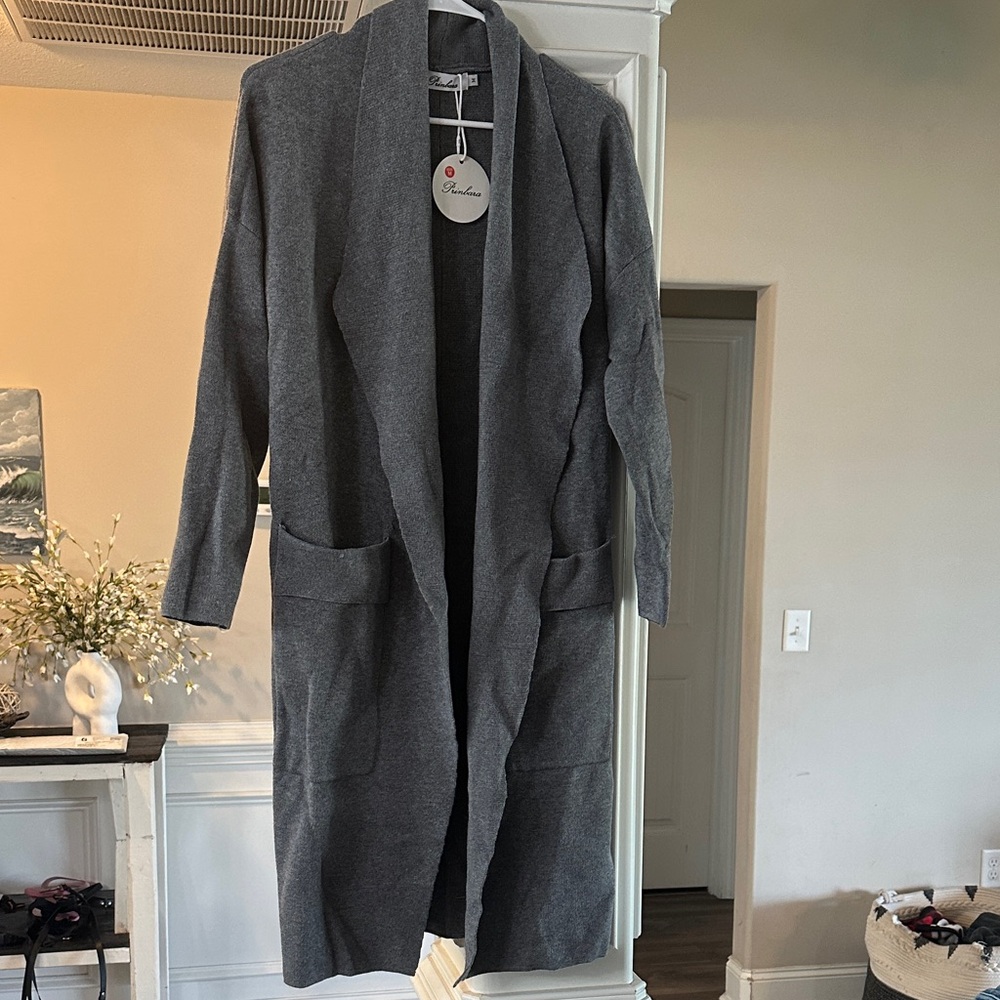 Dark Gray Open-Front Long Knit Cardigan Coat